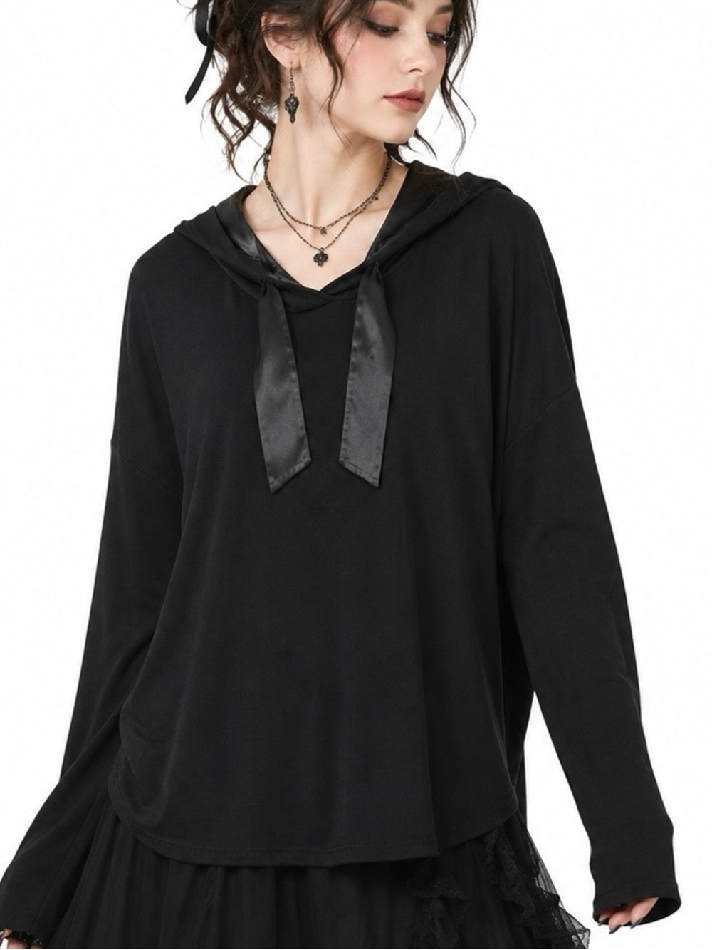 Jezebel black satin tie hooded top whimsical goth size L